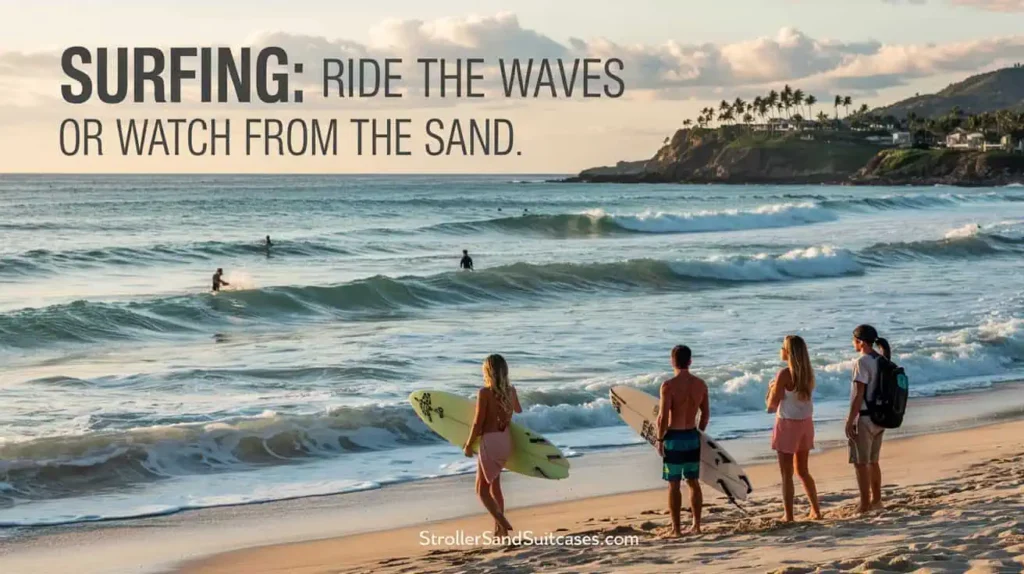 Surfing: Ride the Waves or Watch from the Sand featuring surfers and spectators enjoying the waves on a Kauai Hawaii beach at sunset.