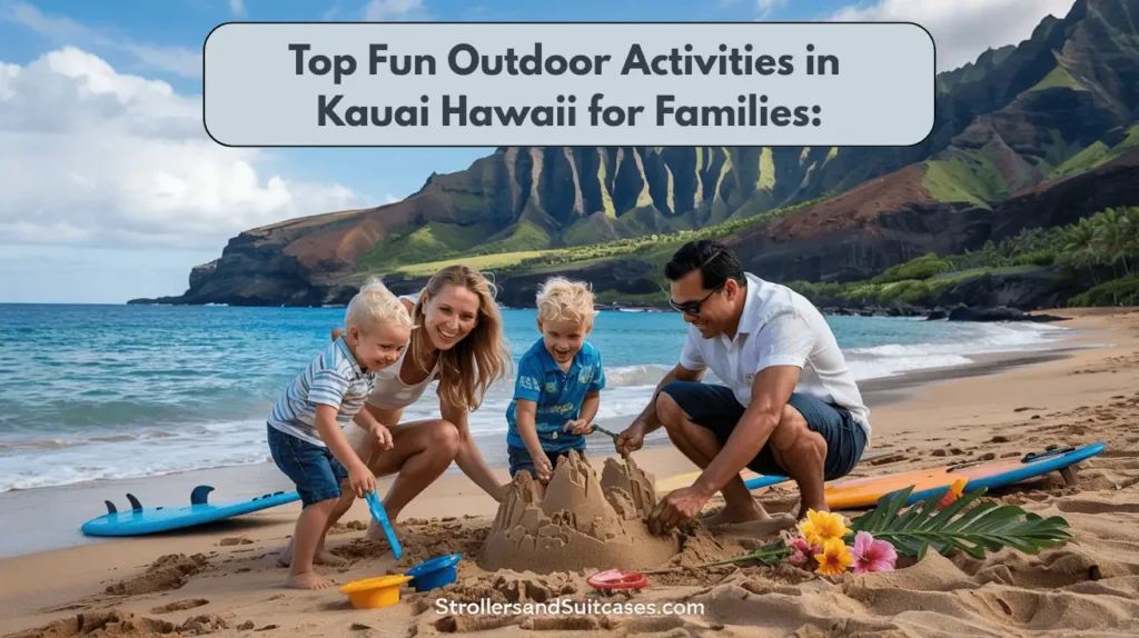 Top Fun Outdoor Activities in Kauai Hawaii for Families: a happy family building a sandcastle on the beach with the dramatic Na Pali cliffs in the background.