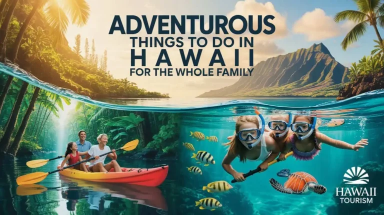 A family kayaking through a lush tropical river and children snorkeling with tropical fish in clear blue waters, showcasing adventurous activities in the Hawaiian Islands for all ages.