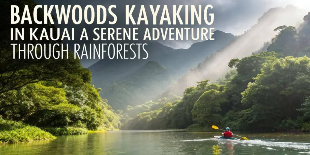 A solo kayaker gliding through a tranquil rainforest river in Kauai under soft sunlight, highlighting peaceful and scenic activities in the Hawaiian Islands.