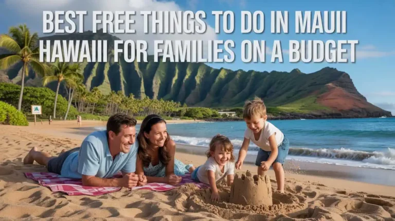 A cheerful family builds a sandcastle on a sunny beach in Maui with lush green mountains in the background, perfect for families seeking free things to do in Hawaii.