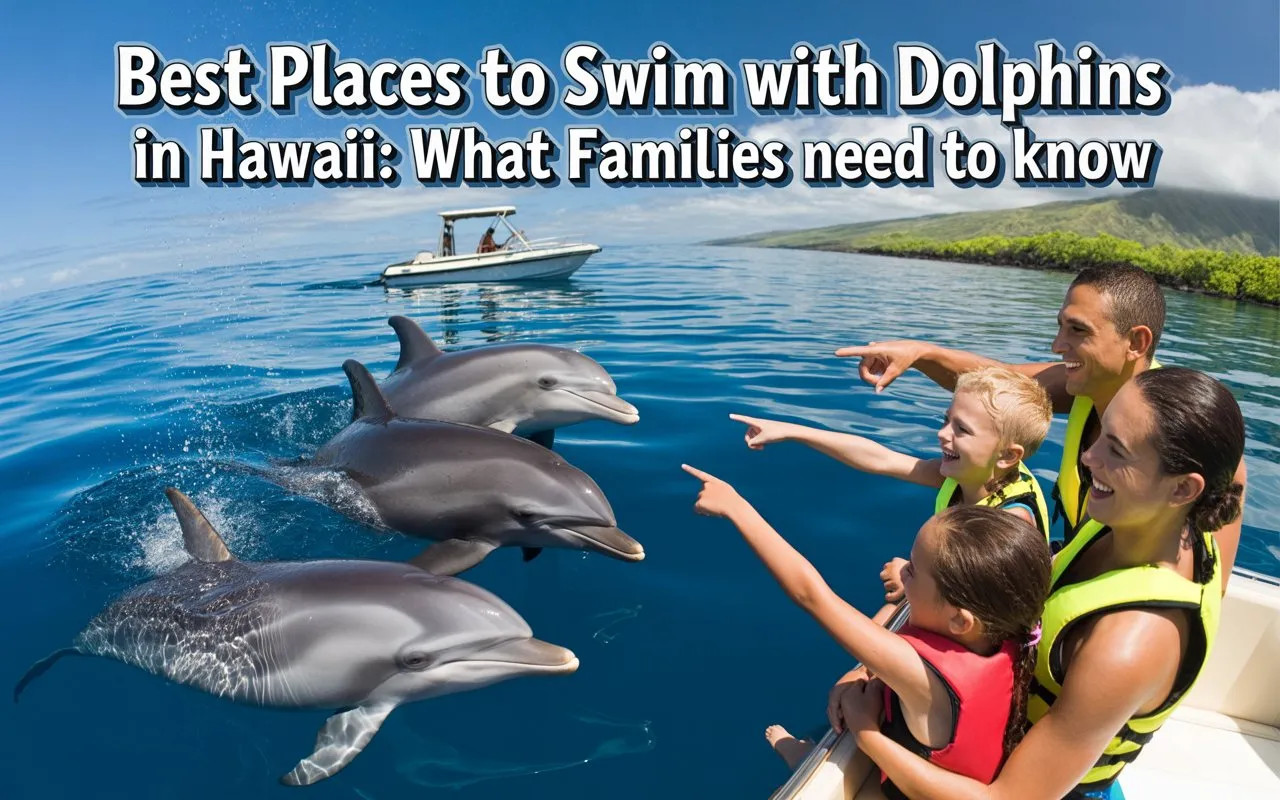 Family watching dolphins from a boat, learning the best places to swim with dolphins in Hawaii during their tropical adventure.