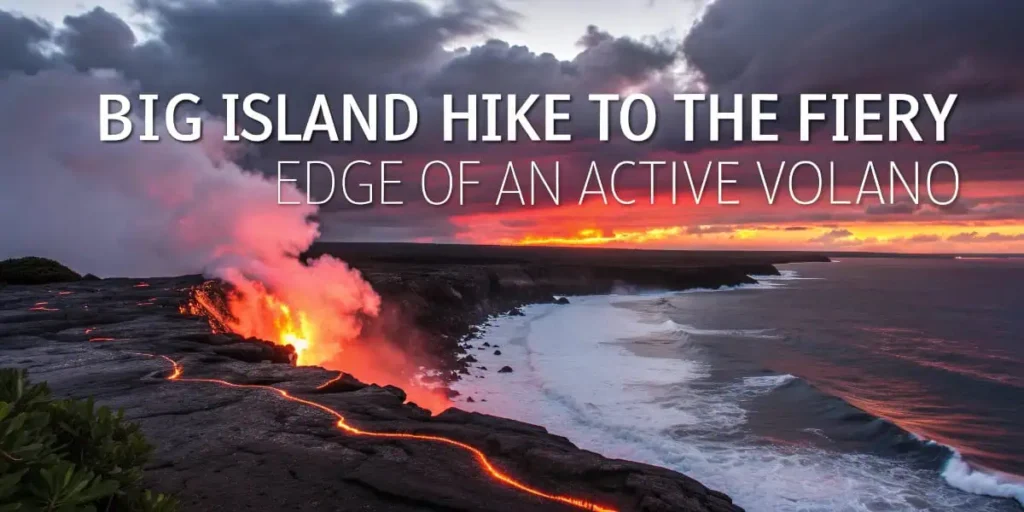 A dramatic view of lava flowing into the ocean at sunset during a volcanic hike on the Big Island—one of the top five things to do in Hawaii for adventurous travelers.