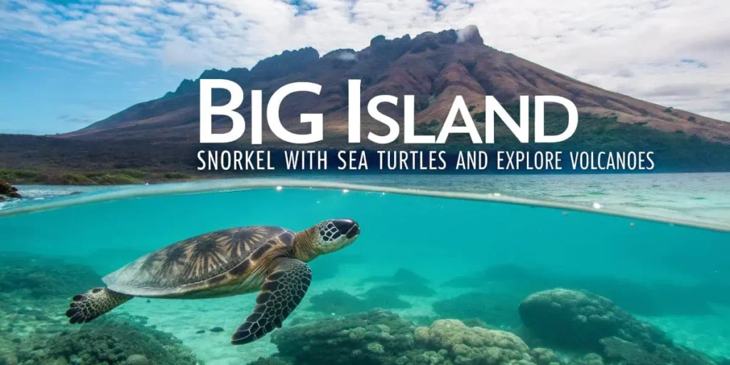 A sea turtle swims in the clear blue waters near the Big Island with a volcano in the background, highlighting marine adventures as part of Activities In The Hawaiian Islands.