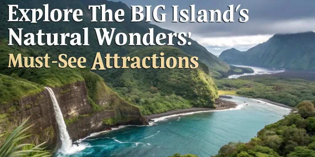 A breathtaking view of a lush Hawaiian valley with a powerful waterfall and ocean cliffs, showcasing natural attractions and scenic Attractions and Things to Do in Hawaii.