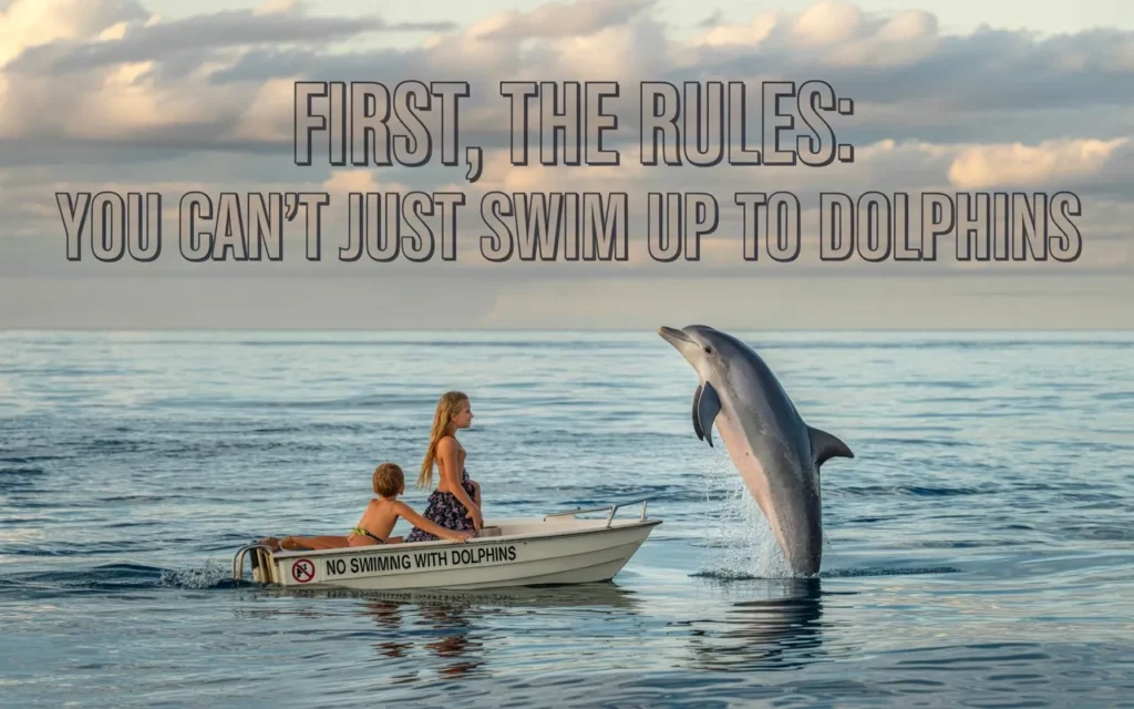 Clear reminder that you can’t swim with dolphins in Hawaii unless guided, showing a dolphin leaping by a boat with warning signs.
