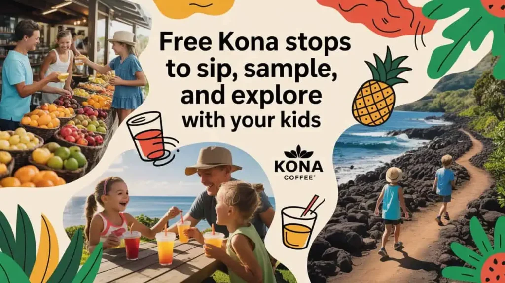 Families enjoy fruit sampling, tropical drinks, and scenic coastal walks on a sunny day in Kona. One of the best free things to do in Kona Hawaii is exploring food and nature together.

