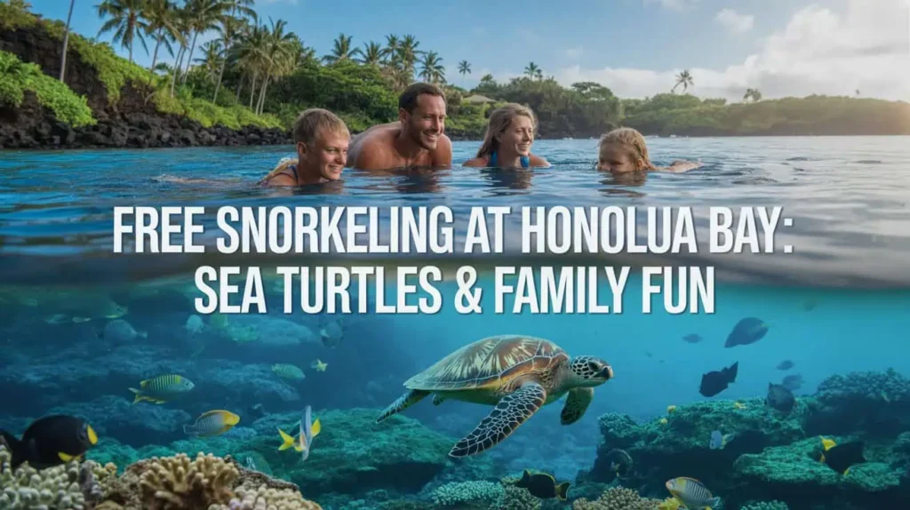 A family enjoys snorkeling in Honolua Bay surrounded by colorful fish and a sea turtle, highlighting one of the best free things to do in Hawaii for ocean-loving families.