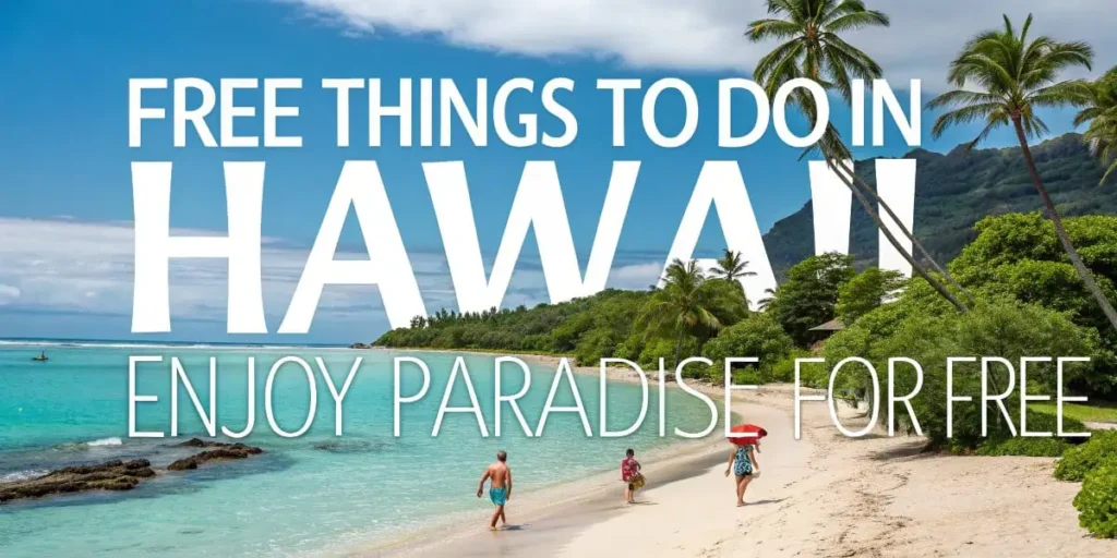 Tourists enjoy a sunny day on a beautiful beach lined with palm trees and turquoise waters, one of the best free things to do in Hawaii for relaxation and ocean views.