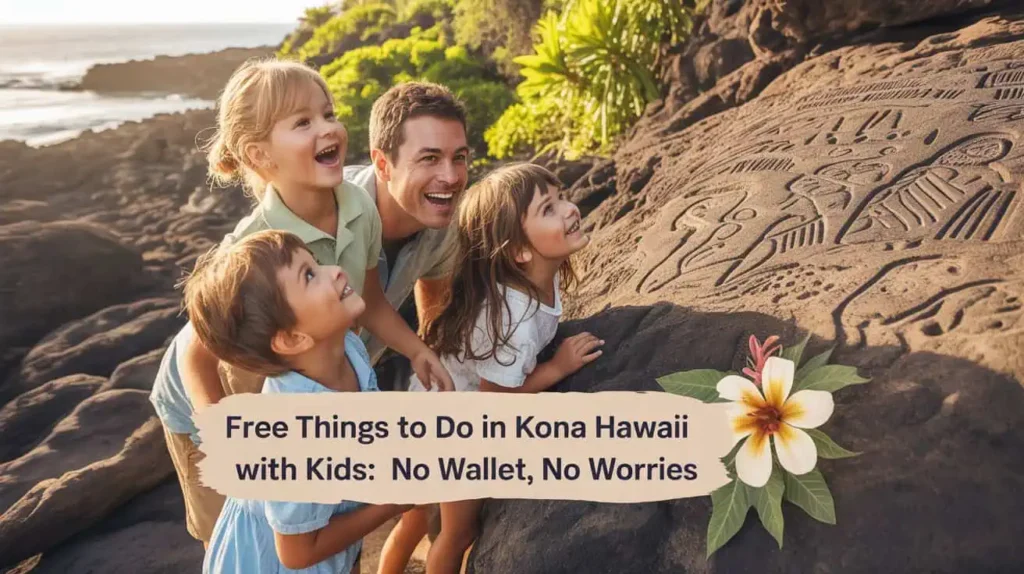 A smiling father with his three children explores ancient Hawaiian petroglyphs near the coast at sunset. Free things to do in Kona Hawaii include cultural discoveries like this.