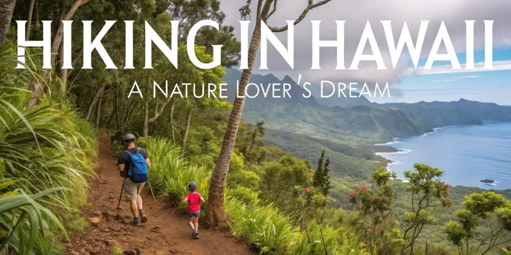 A parent and child hiking through a lush forest trail overlooking the coastline, representing cool things to do in Hawaii for nature lovers.

