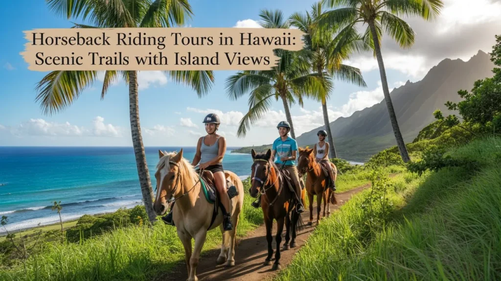 People riding horses on a scenic tropical trail along the coast with palm trees and ocean views, showcasing beautiful horseback riding tours in Hawaii.
