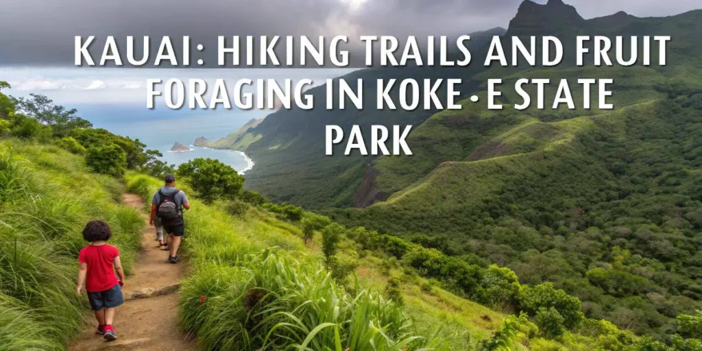 A family hikes a lush trail in Koke’e State Park on Kauai, surrounded by greenery and ocean cliffs, highlighting one of the most scenic free things to do in Hawaii for nature lovers.