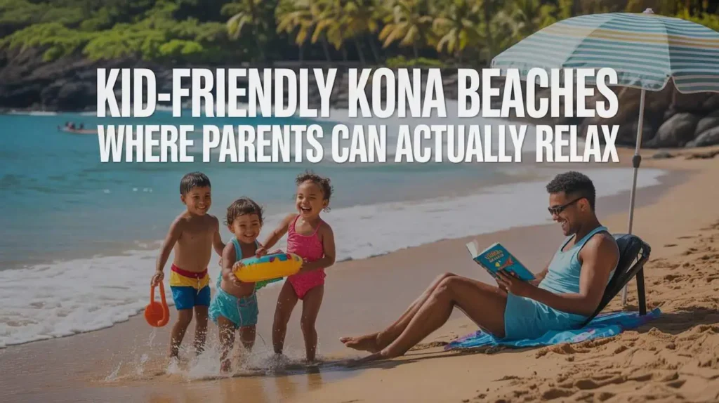 Three children splash at the shoreline while a dad relaxes with a book under an umbrella on a calm beach in Kona. Kid-friendly beaches are among the top free things to do in Kona Hawaii.

