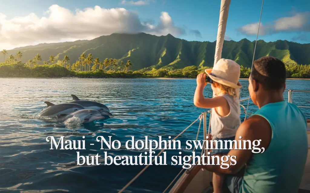 Scenic Maui dolphin sighting showing that while you can’t swim with dolphins in Hawaii here, you can enjoy magical views from the boat.