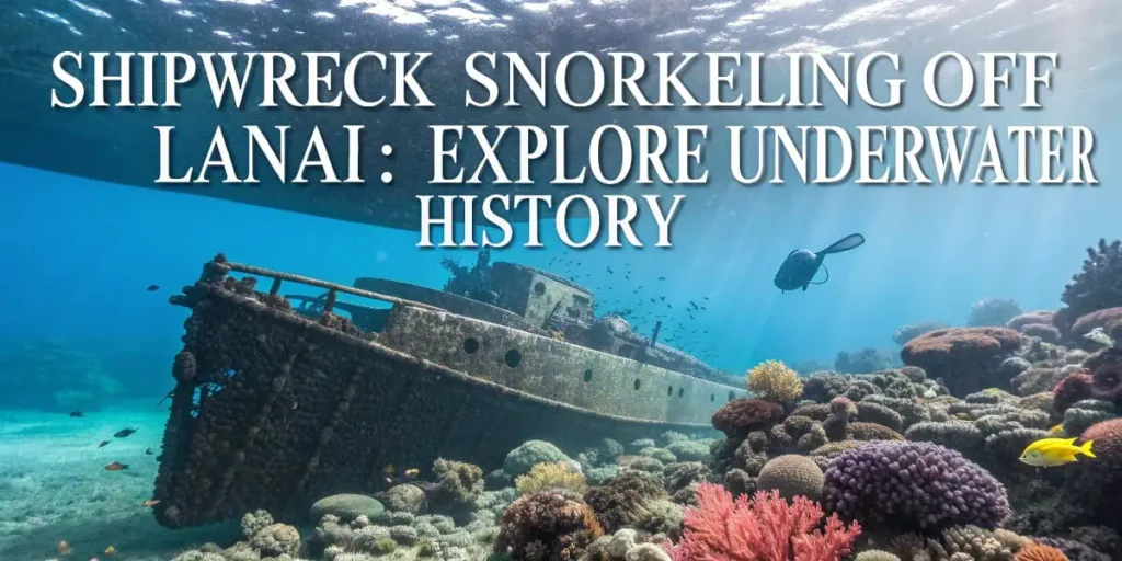 An underwater view of a sunken ship surrounded by vibrant coral and fish off the coast of Lanai, capturing unique snorkeling activities in the Hawaiian Islands.