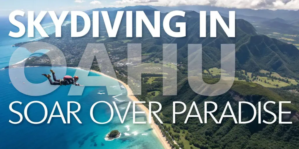 A skydiver descending over Oahu's turquoise shoreline and green mountains, highlighting thrilling cool things to do in Hawaii.









