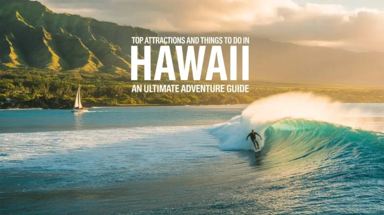 A surfer riding a giant turquoise wave as a sailboat cruises in the background, capturing the thrill of ocean sports and top Attractions and Things to Do in Hawaii.