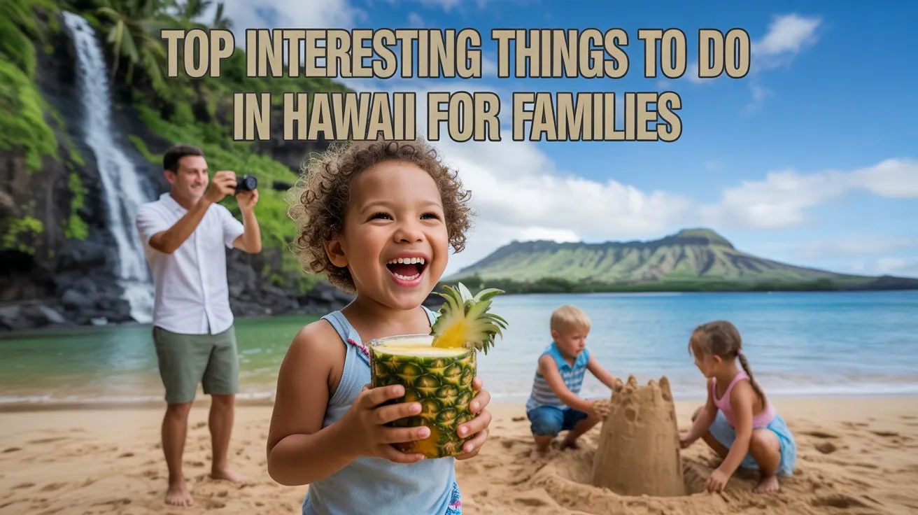 Happy children building sandcastles and sipping pineapple drinks on a Hawaiian beach with mountains in the background, showing some of the interesting things to do in Hawaii for families.