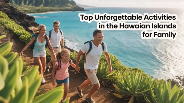 A happy family hiking along a tropical coastal trail with stunning ocean views, representing family-friendly Activities In The Hawaiian Islands.