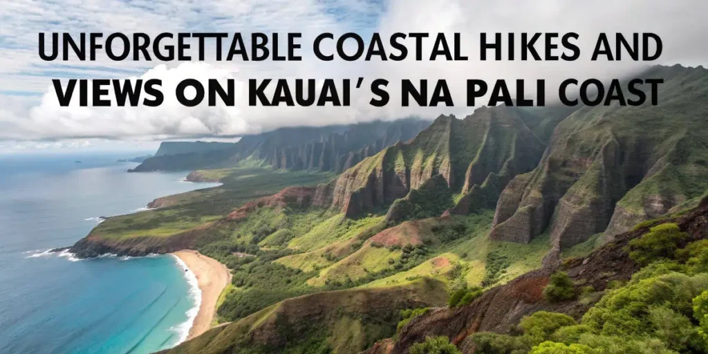 A dramatic aerial view of Kauai’s Na Pali Coast with steep cliffs and turquoise waters, perfect for hiking and sightseeing, highlighting coastal Attractions and Things to Do in Hawaii.