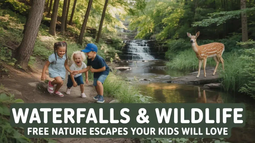  Three young children laugh and explore near a forest waterfall while a deer stands nearby, showcasing one of the top free things to do in Hawaii for nature-loving families.
