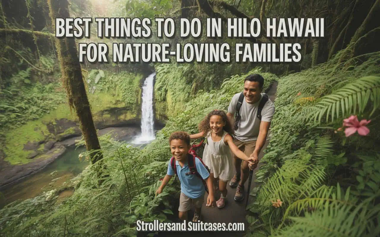 A dad and two kids hike through a vibrant green rainforest trail near a waterfall in Hilo—perfect for nature-loving families exploring the best things to do in Hilo Hawaii.