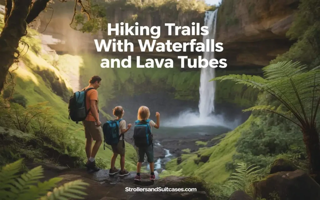 A family with backpacks pauses at a lush trailhead overlooking a waterfall and lava tube—one of the most scenic hiking trails with waterfalls and lava tubes in Hawaii.