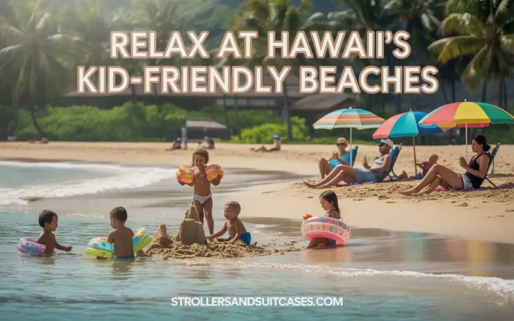 Children play with floaties and sandcastles while parents relax under umbrellas at one of Hawaii’s most loved kid-friendly beaches—ideal for a relaxing family day.