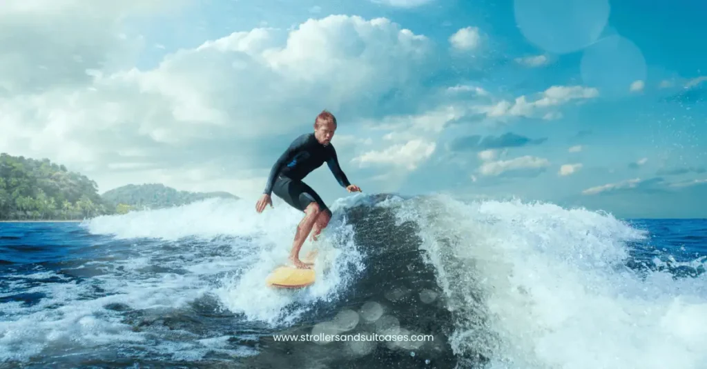 Surfer riding a powerful wave under a partly cloudy sky, capturing the thrill of North Shore surfing in Hawaii.