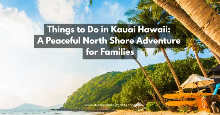 Peaceful beach in Kauai with palm trees, paddleboards, and umbrellas, featuring a blog title about family-friendly activities.