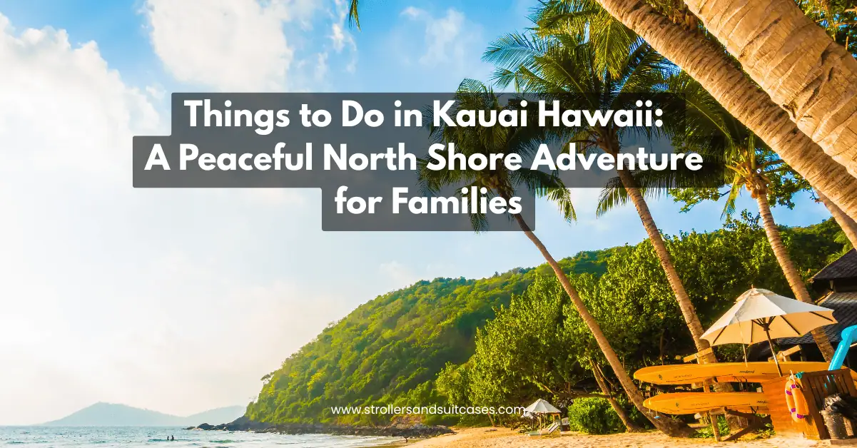 Peaceful beach in Kauai with palm trees, paddleboards, and umbrellas, featuring a blog title about family-friendly activities.