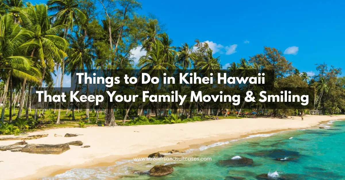 Sunny Kihei beach lined with palm trees and soft sand—showcasing fun things to do in Kihei Hawaii with kids and family.