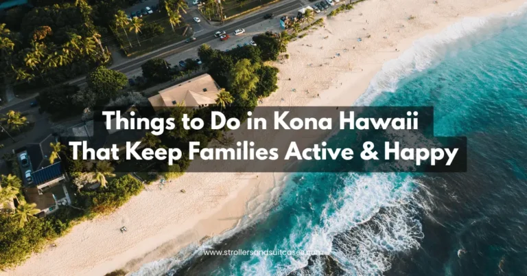 Aerial view of Kona’s golden beach and waves crashing nearby—where family fun, coastal walks, and beach time shine.
