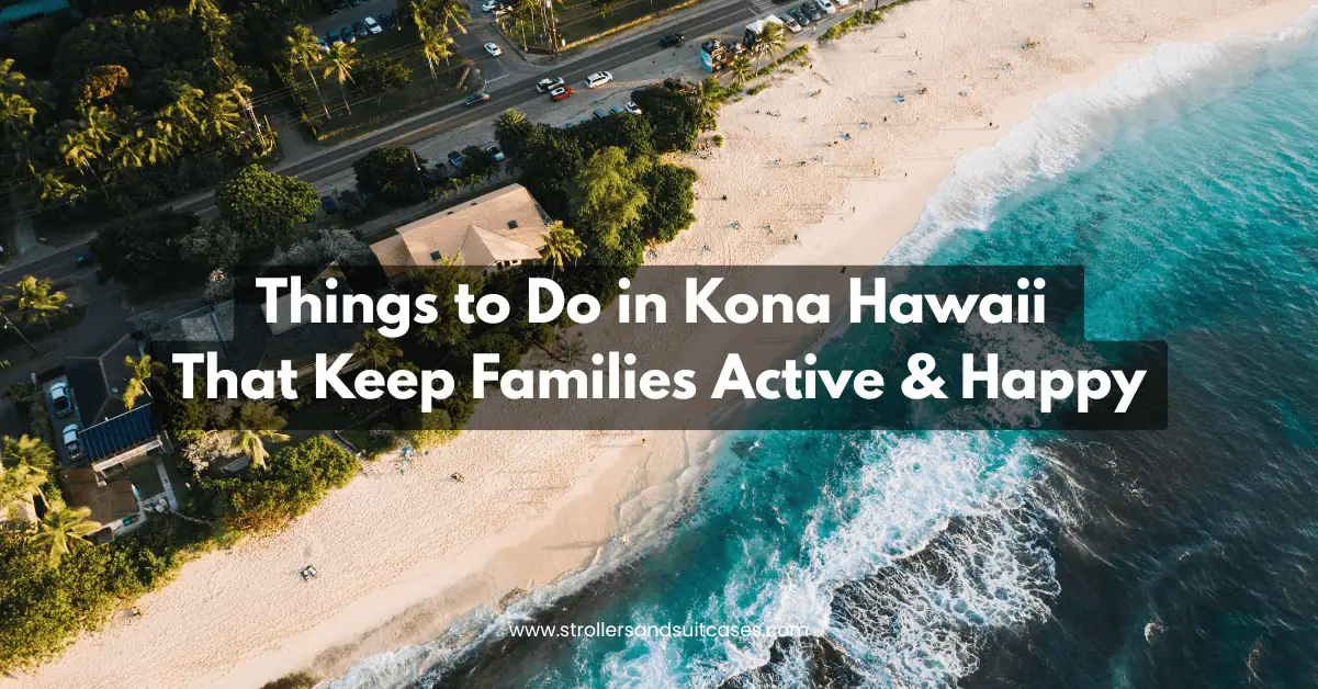 Aerial view of Kona’s golden beach and waves crashing nearby—where family fun, coastal walks, and beach time shine.