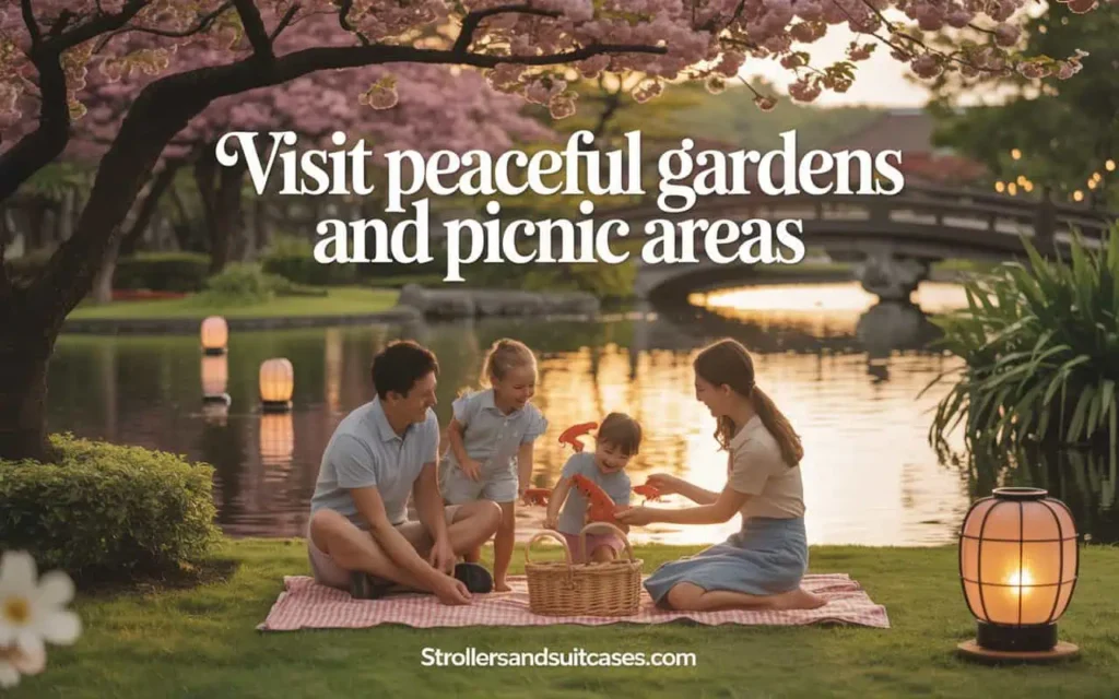 A peaceful picnic scene by a serene lake under blooming cherry blossoms, where a family shares a quiet moment—inviting you to visit Hawaii’s most peaceful gardens and picnic areas.
